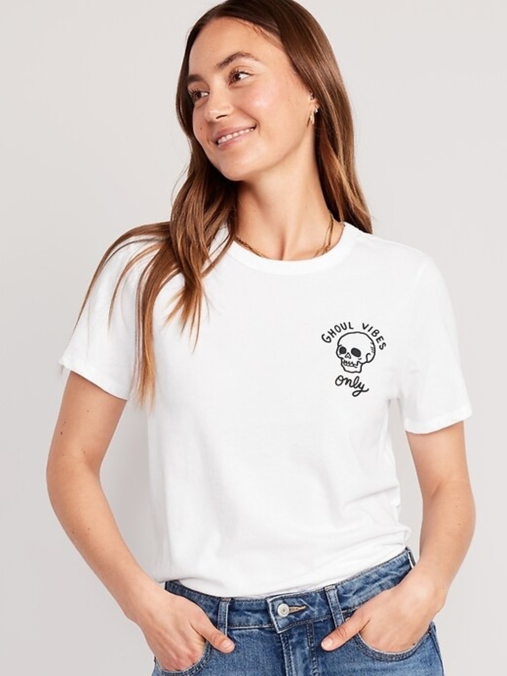 Old Navy Ghoul Vibes Only Skull Graphic Tee Women’s Large White Halloween Shirt